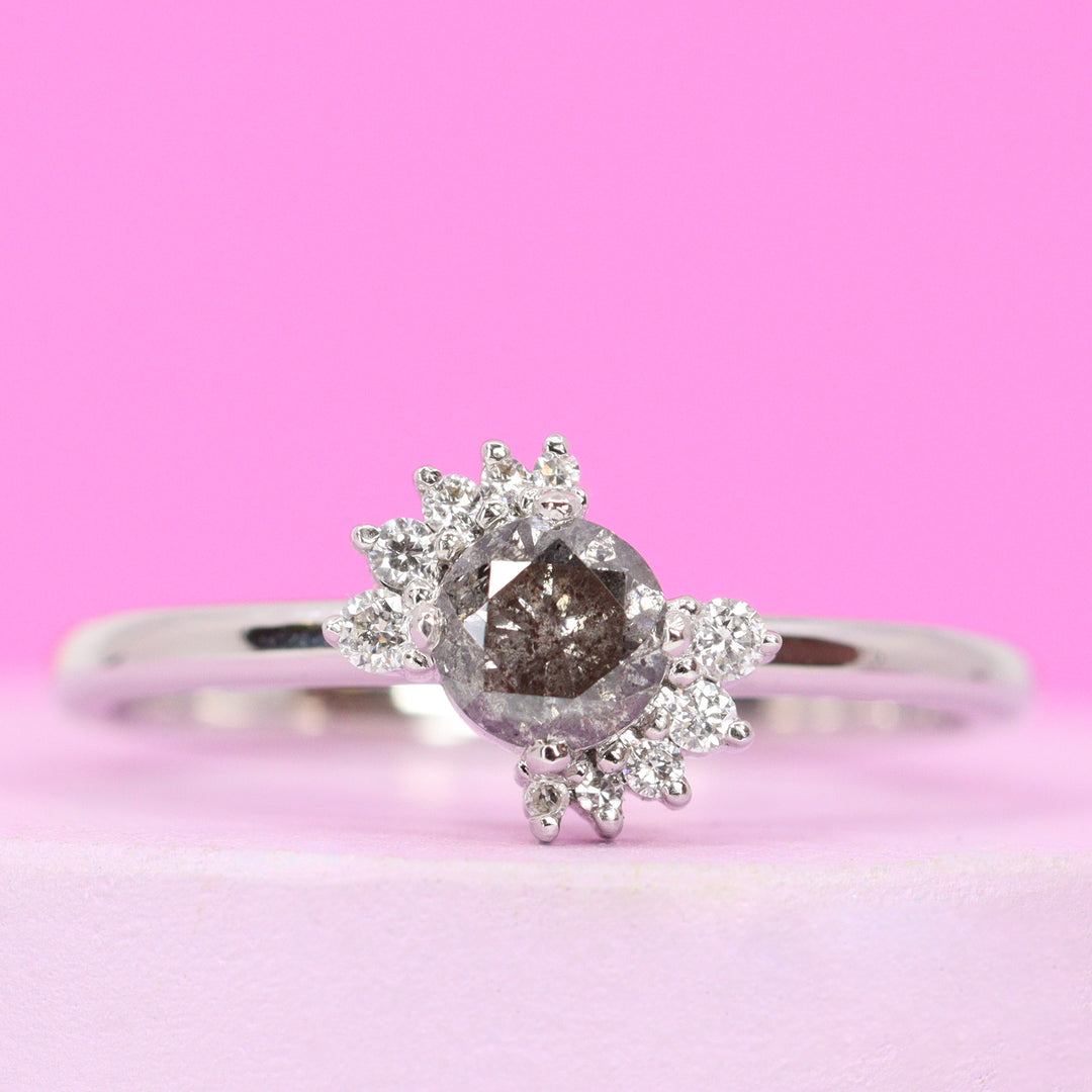 Lottie - Petite Salt and Pepper Diamond Ring with Asymmetric Diamond Double Crown in 14ct White Gold - Ready-to-Wear