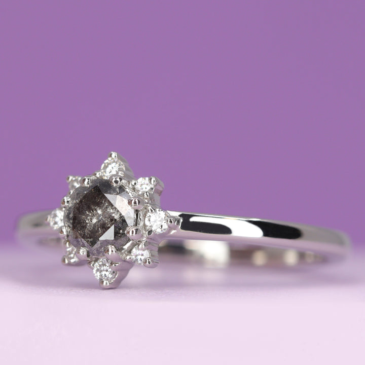 Mabel - Dainty Deco Collection - Round Brilliant Cut Salt and Pepper Diamond with Lab Grown Diamond Halo Engagement Ring In Platinum- Ready-to-Wear