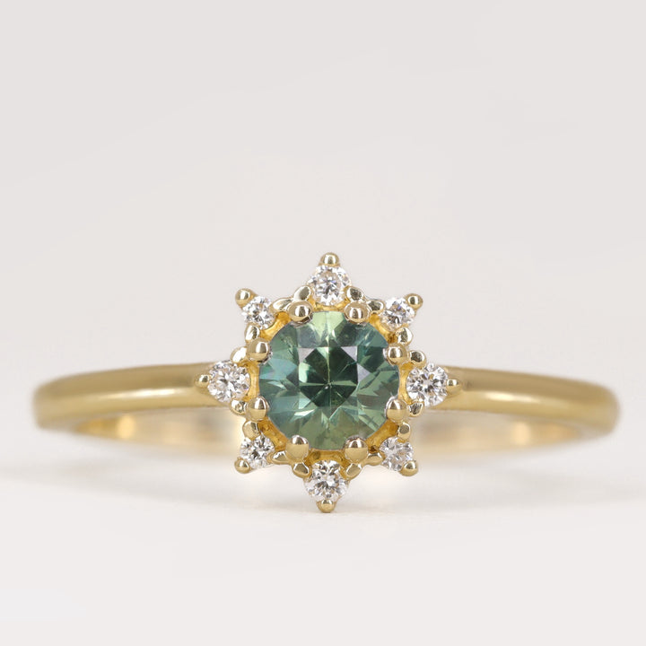 Mabel - Round Cut Teal Sapphire and Diamond Halo Engagement Ring