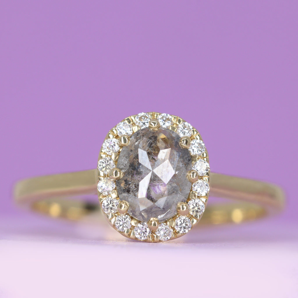 Charlotte - Oval Cut Salt and Pepper Diamond Ring with Hugging Halo in 18ct Yellow Gold - Ready to Wear