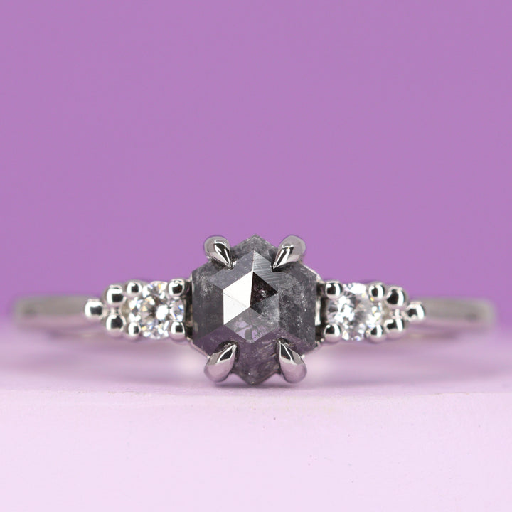Natalia - Hexagon Rose Cut Salt & Pepper Diamond and Lab Grown Diamond Trilogy Engagement Ring in Platinum - Ready-to-Wear