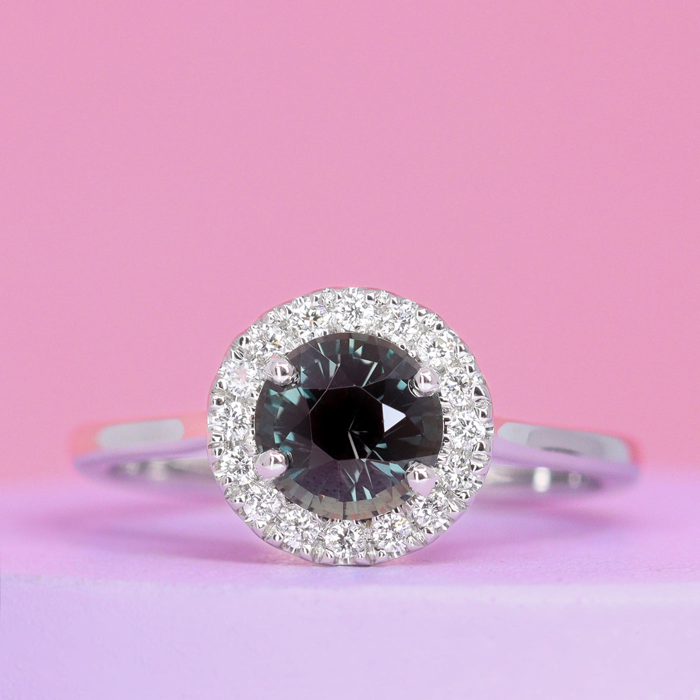 April - Round Brilliant Cut Purple Red Sapphire Halo Ring in Platinum - Ready-to-Wear