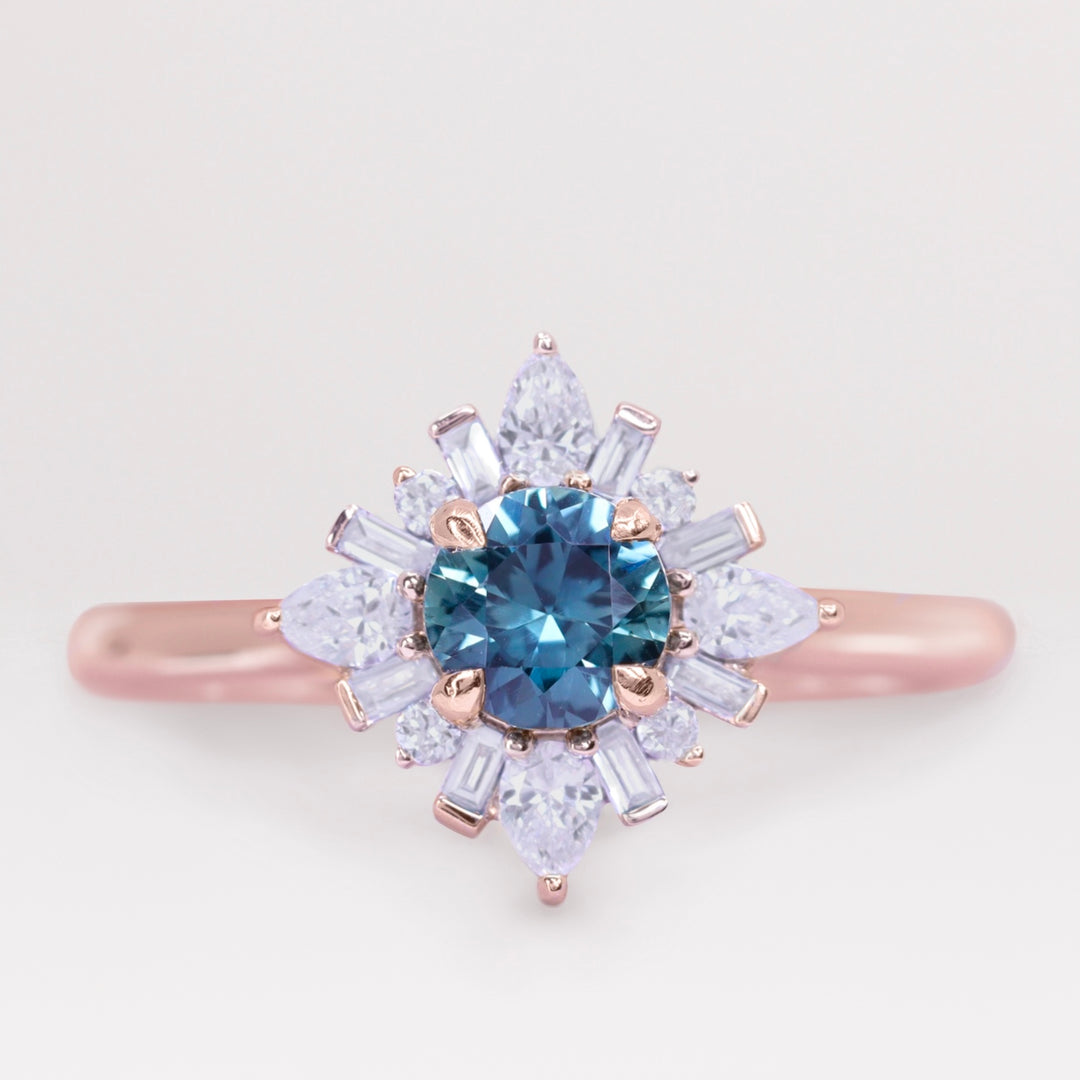 Elsa - Round Teal Sapphire and Diamond Halo Engagement Ring