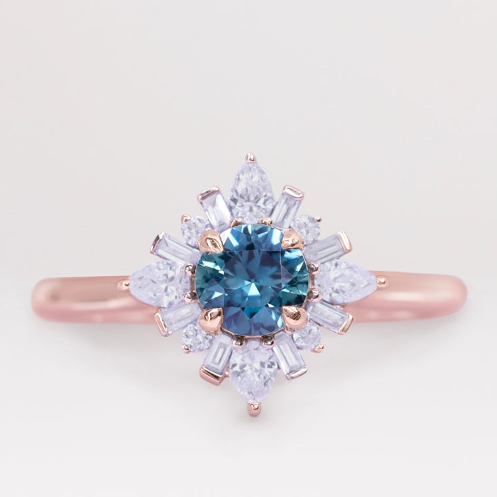 Elsa - Round Teal Sapphire and Diamond Halo Engagement Ring