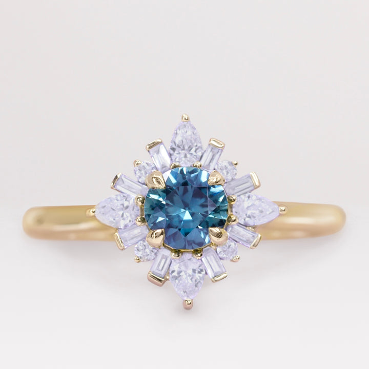 Elsa - Round Teal Sapphire and Diamond Halo Engagement Ring