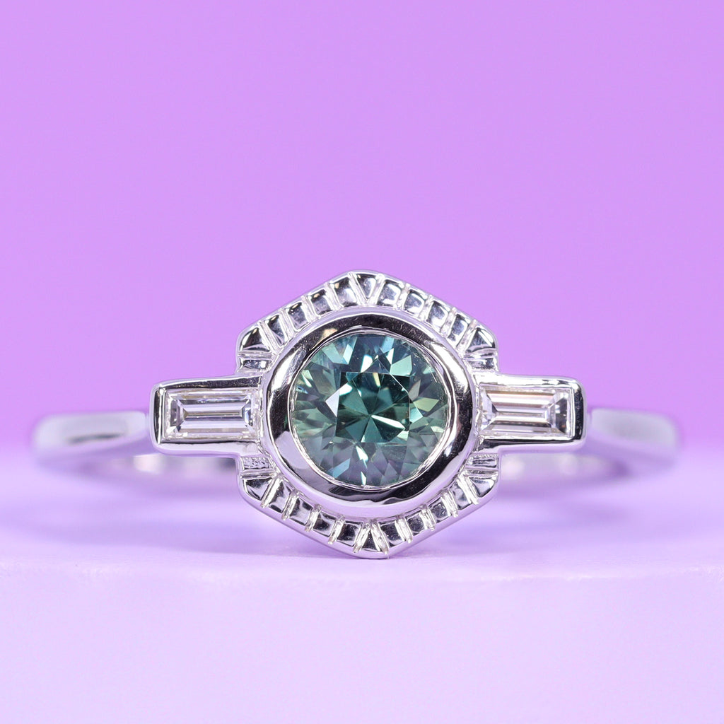 Olivia - Round Tanzanian Teal Sapphire and Baguette Lab Grown Diamond Art Deco Vintage Inspired Sunbeam Halo Ring in 14ct White Gold - Ready-to-Wear