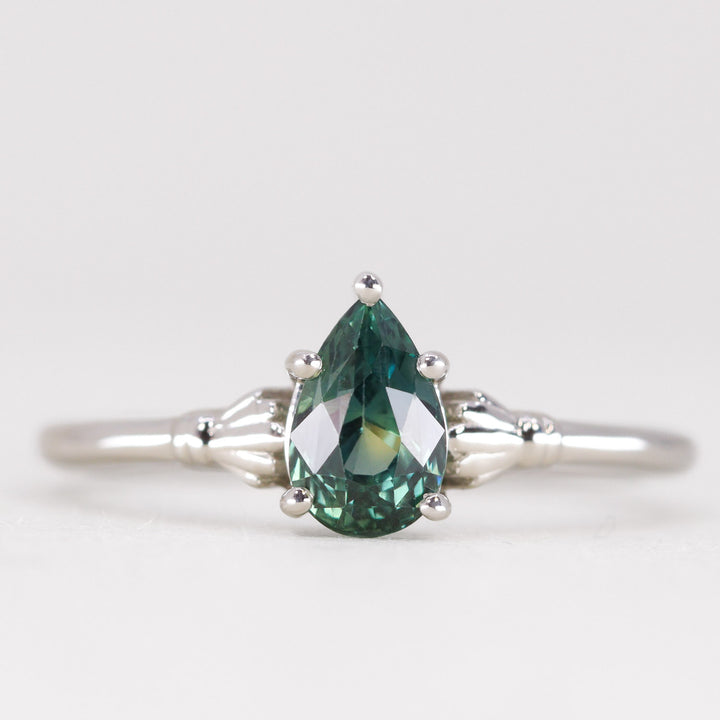 Tilly - Pear Teardrop Cut Teal Sapphire Art Deco Solitaire Engagement Ring - Ready-to-Wear