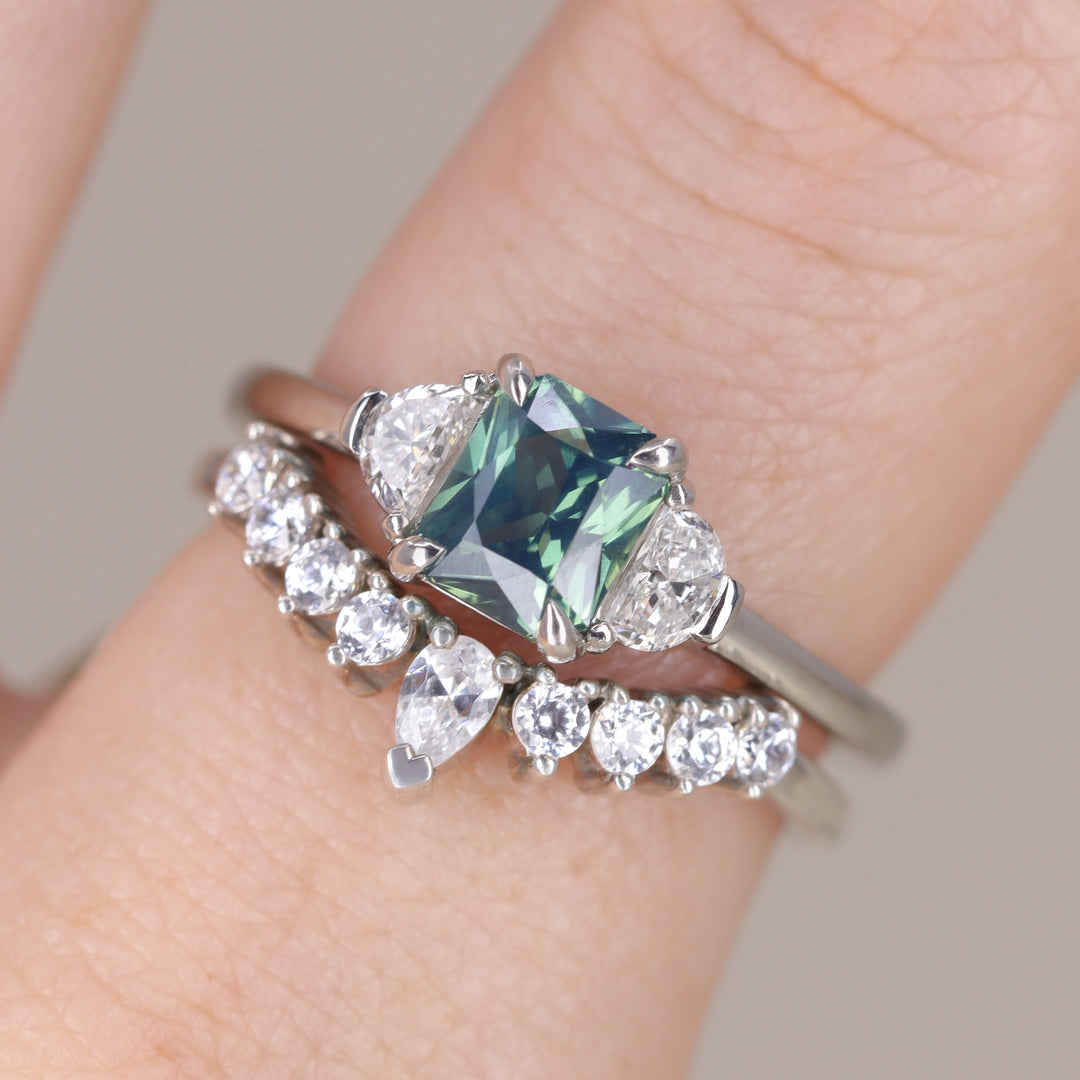 Luna - Radiant Cut Teal Sapphire Trilogy Engagement Ring