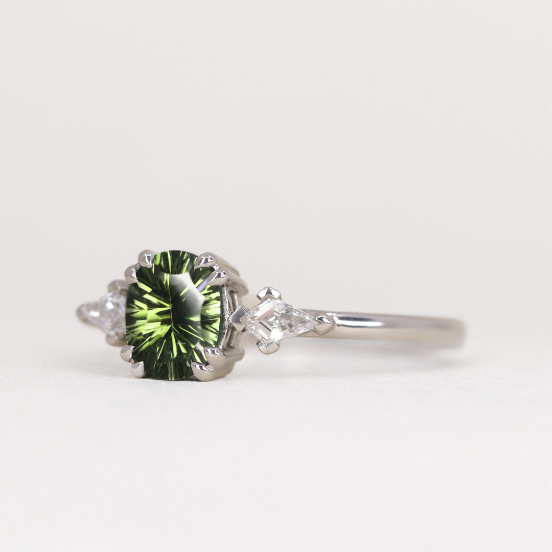 Dahlia - Oval Optix Cut Green Tourmaline Trilogy Engagement Ring