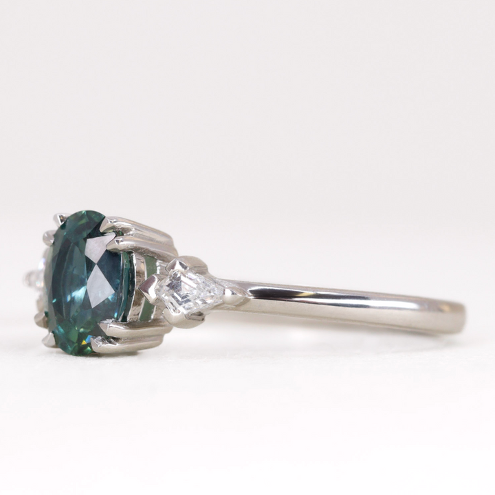 Dahlia - Oval Cut Teal Sapphire Trilogy Engagement Ring - Ready-to-Wear