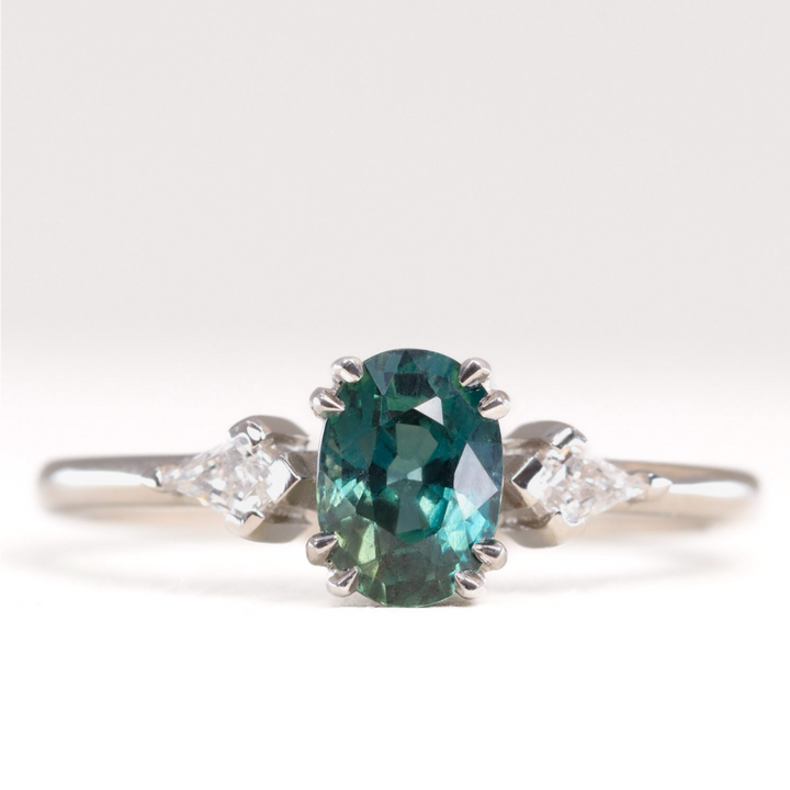 Dahlia - Oval Cut Teal Sapphire Trilogy Engagement Ring - Ready-to-Wear