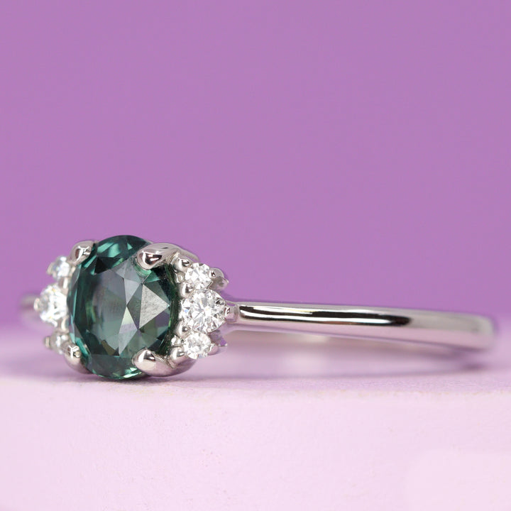 Persie - Oval Teal Sapphire and Lab Grown Diamond Side Stones Engagement Ring in Platinum - Ready-to-Wear