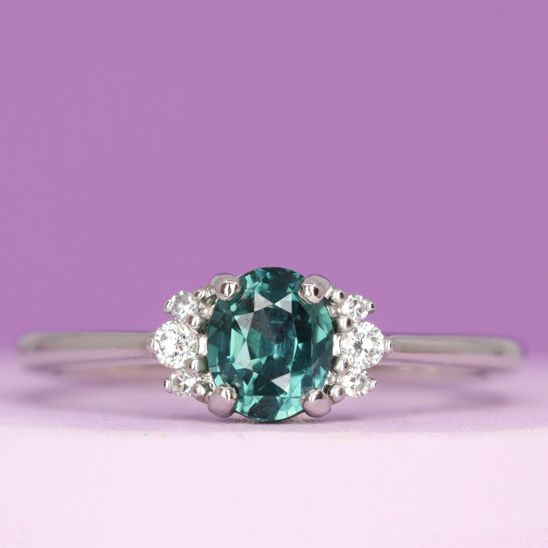 Persie - Oval Teal Sapphire and Lab Grown Diamond Side Stones Engagement Ring in Platinum - Ready-to-Wear