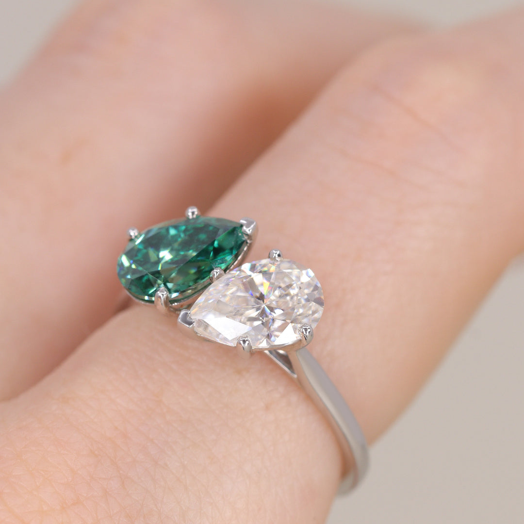 Juno - Teardrop/Pear Cut Teal Sapphire and Diamond Toi et Moi Engagement Ring