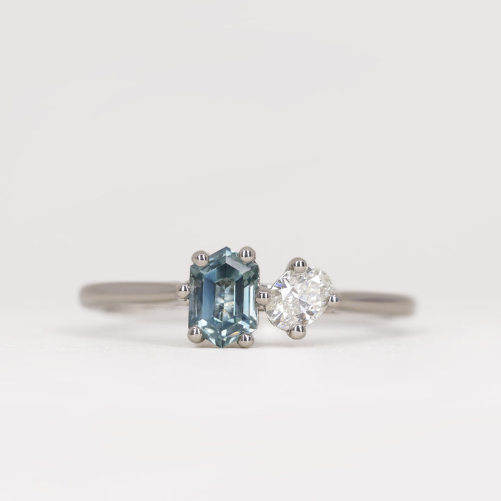 Juno - Hexagon Cut Teal Sapphire and Oval Diamond Toi et Moi Engagement Ring - Ready-to-Wear