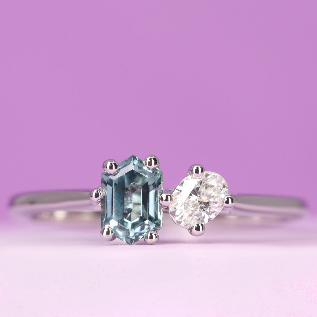 Juno - Hexagon Cut Teal Sapphire and Oval Diamond Toi et Moi Engagement Ring - Ready-to-Wear