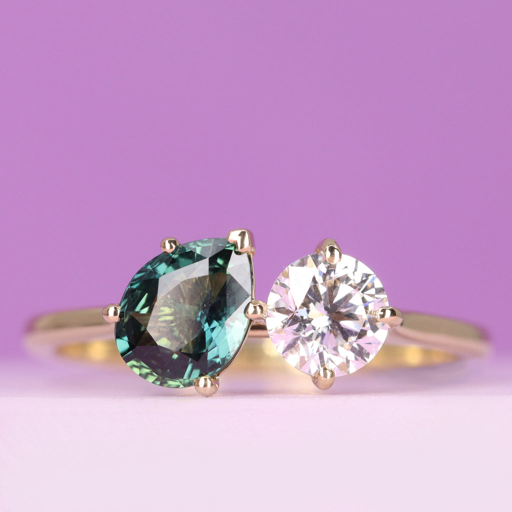 Juno - Pear Teal Sapphire and Round Lab Grown Diamond Toi et Moi Engagement Ring - Ready-to-Wear