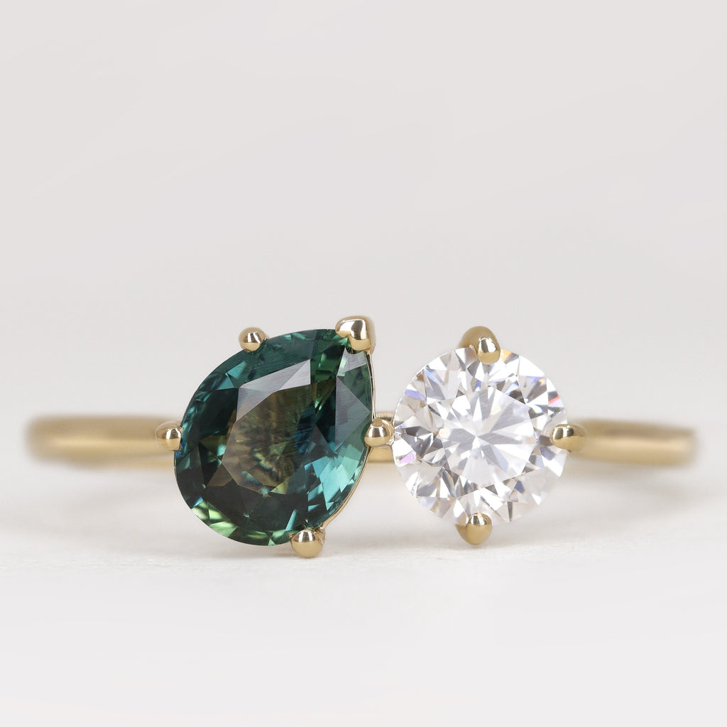 Juno - Pear Teal Sapphire and Round Lab Grown Diamond Toi et Moi Engagement Ring - Ready-to-Wear