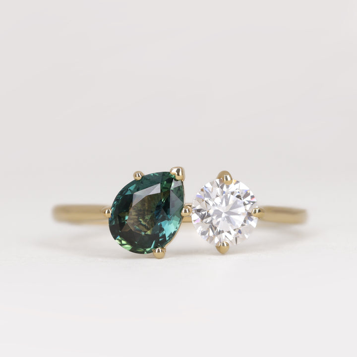 Juno - Pear Teal Sapphire and Round Lab Grown Diamond Toi et Moi Engagement Ring - Ready-to-Wear