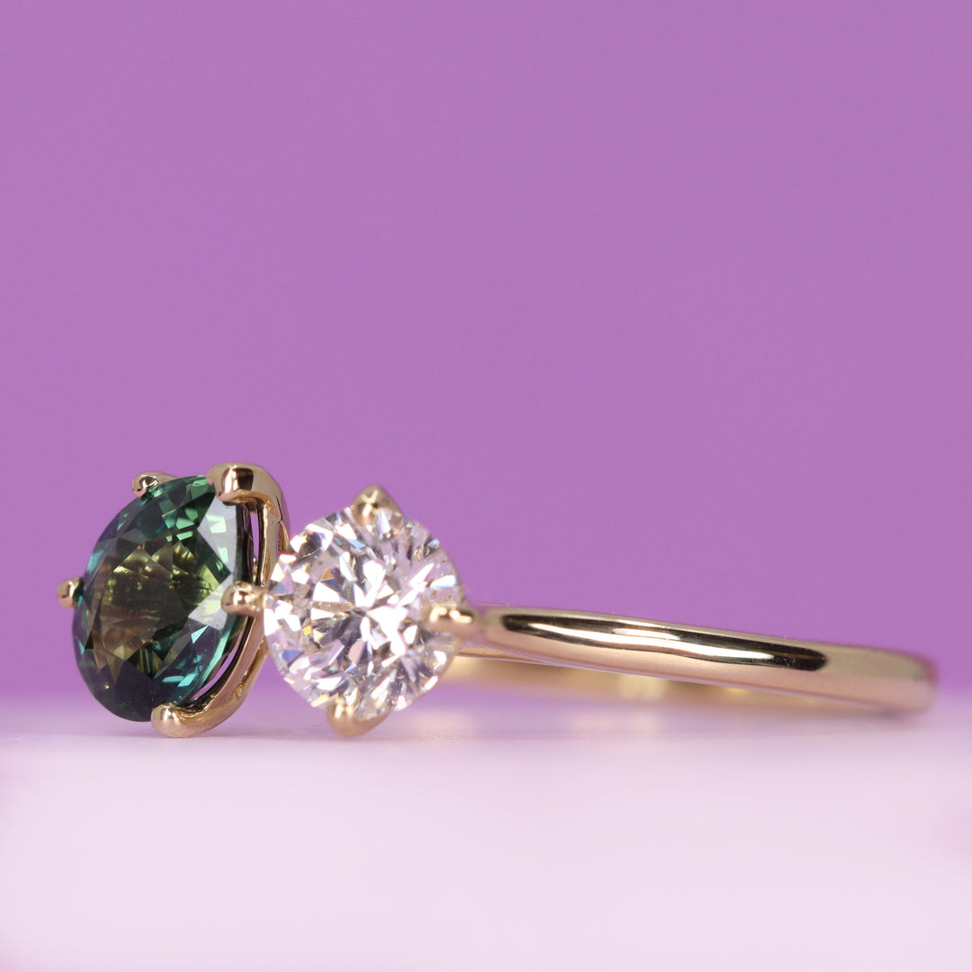 Juno - Dopamine by Jessica Flinn - Teardrop/Pear Cut Teal Sapphire and Round Brilliant Cut Lab Grown Diamond Toi et Moi Style Ring in 18ct Yellow Gold - Ready-to-Wear