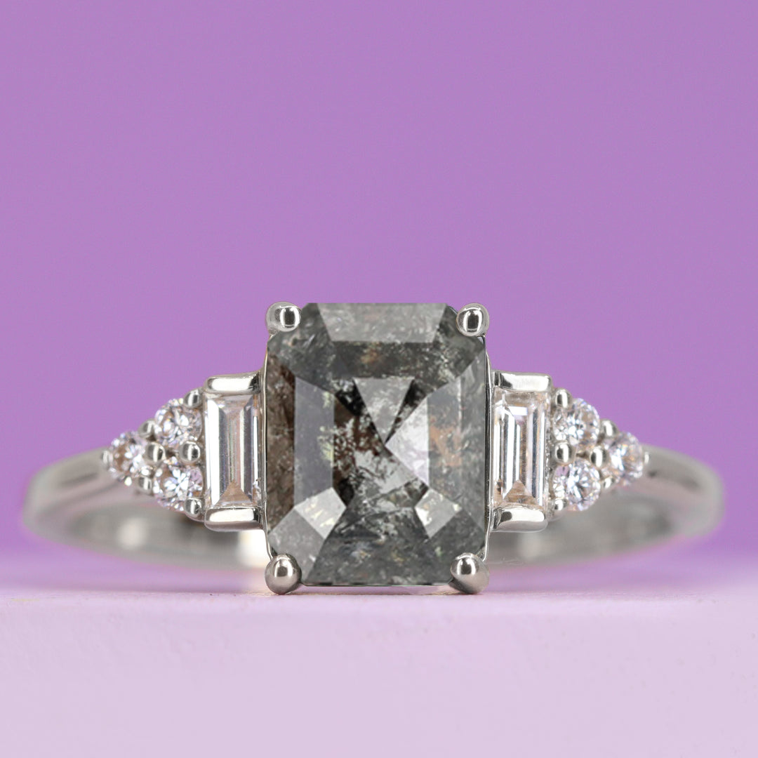 Arden - Emerald Cut Salt and Pepper Diamond Art Deco Style Engagement Ring - Made-to-Order