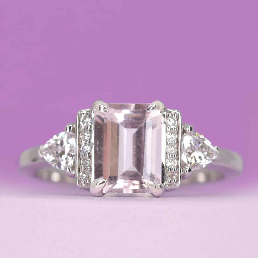 Ophelia - Emerald Cut Morganite and Diamond Art Deco Style Engagement Ring - Made-to-Order