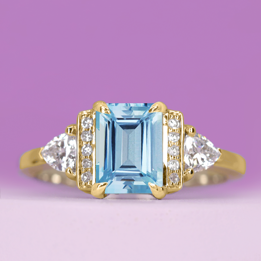 Ophelia - Emerald Cut Aquamarine and Diamond Art Deco Style Engagement Ring - Made-to-Order