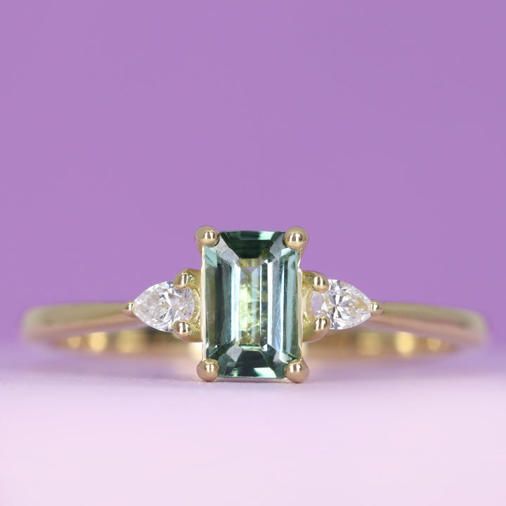 Elspeth - Emerald Cut Lagoon Tourmaline Trilogy Engagement Ring