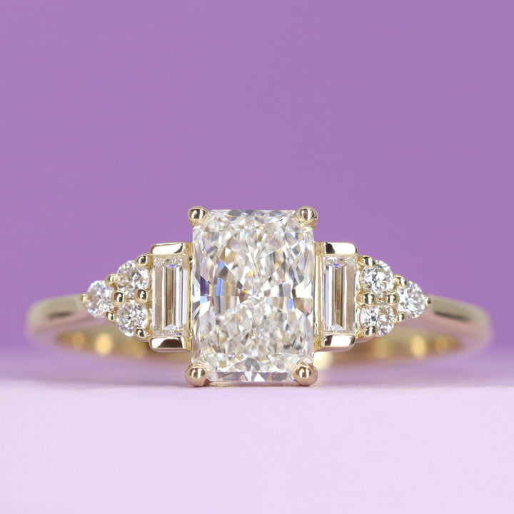 Arden - Radiant Cut Lab Grown Diamond Art Deco Engagement Ring with Lab Grown Diamond Side Stones - Made-To-Order