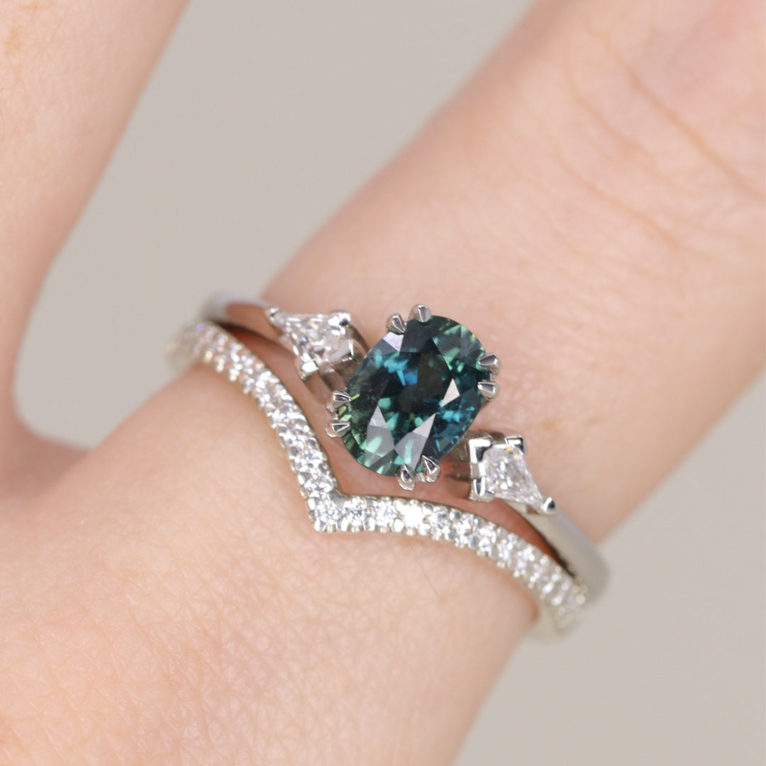 Dahlia - Oval Cut Teal Sapphire Trilogy Engagement Ring - Ready-to-Wear