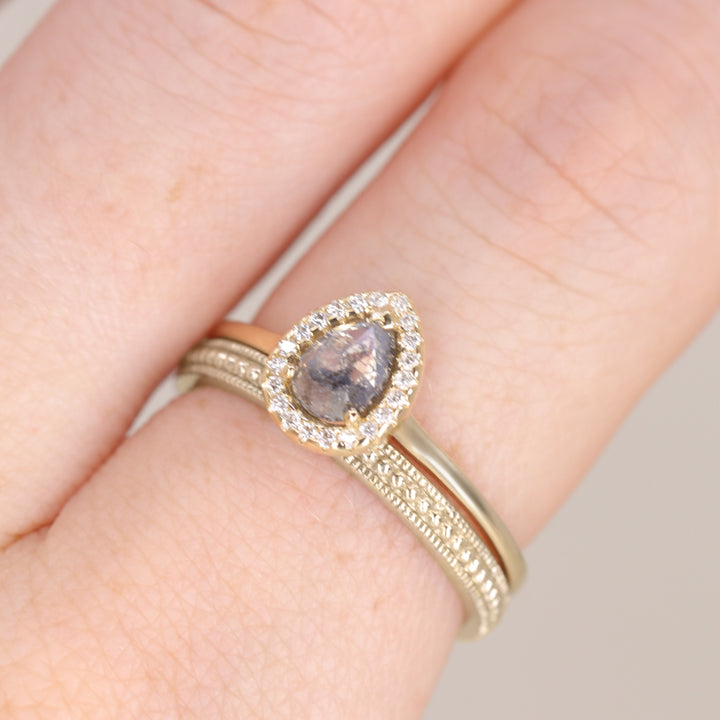 Winter - Petite Pear Salt & Pepper Diamond Halo Yellow Gold Engagement Ring - Ready-to-Wear