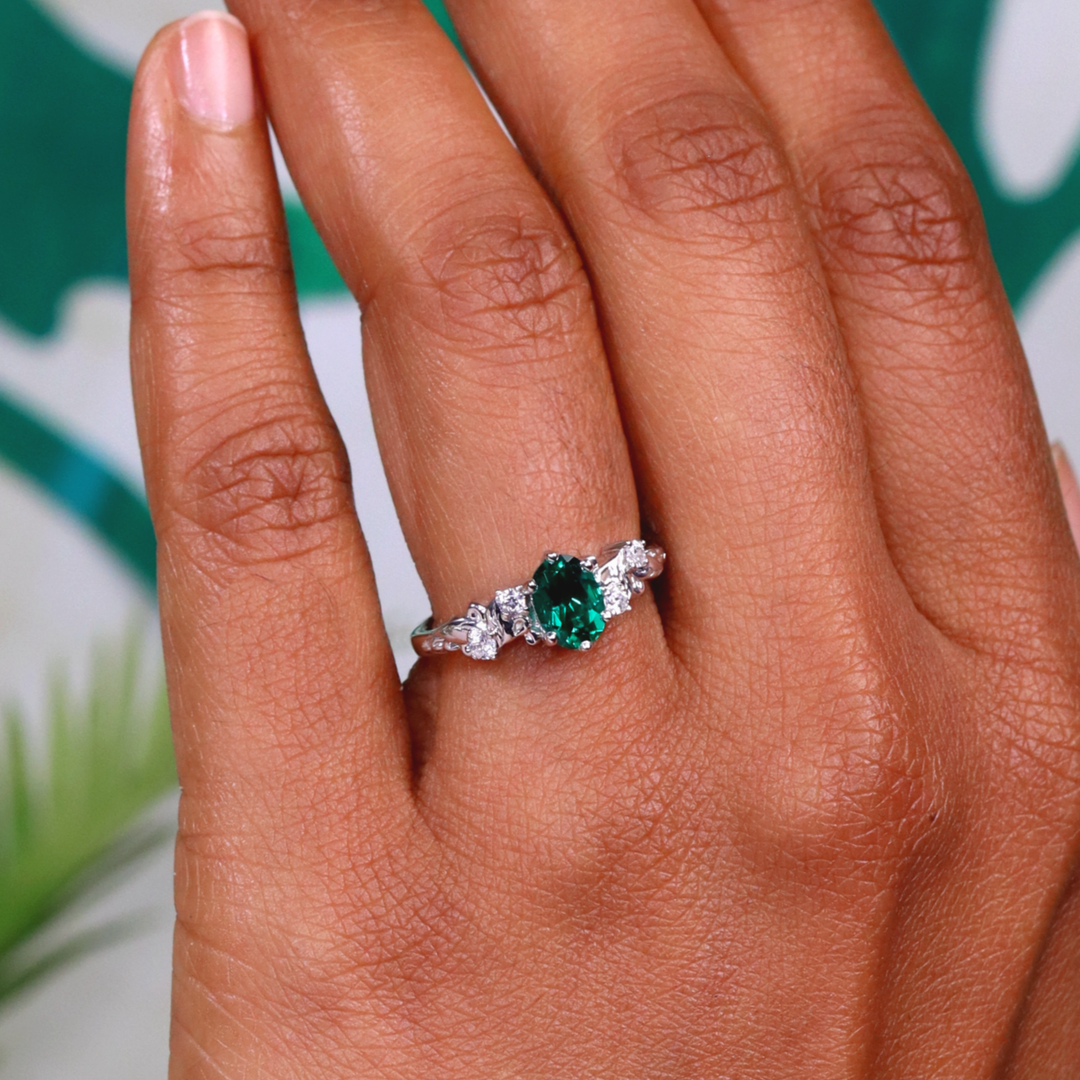 Laurel - Oval Emerald and Diamond Leaf/Vine Detail Engagement Ring