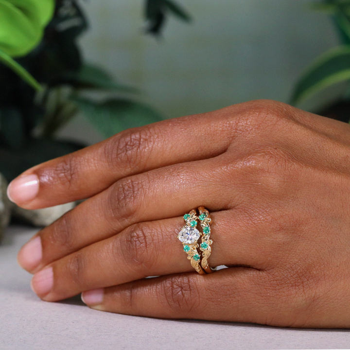 Willow - The Botanicals Collection - Decorative Leaf/Vine Inspired Art Nouveau Shaped Emerald or Diamond Set Wedding Ring - Made-To-Order