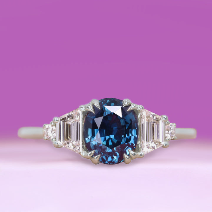 Portia - Oval Cut Blue Sapphire Ring and Diamond Trilogy Engagement Ring