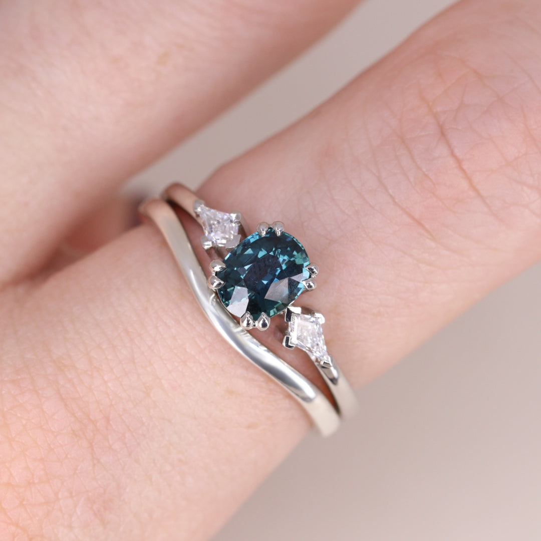 Dahlia - Oval Cut Teal Sapphire Trilogy Engagement Ring