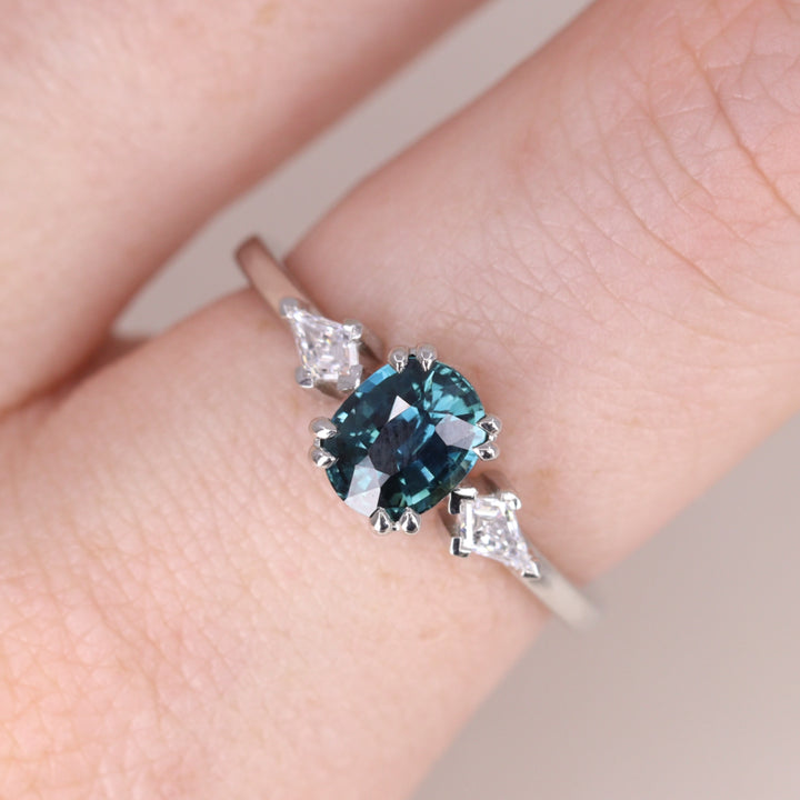 Dahlia - Oval Cut Teal Sapphire Trilogy Engagement Ring