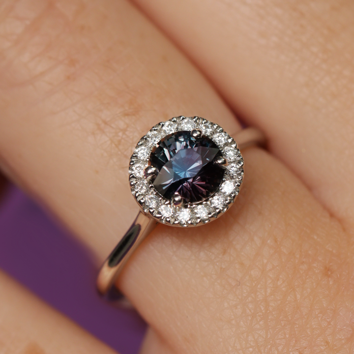 April - Round Colour-Change Sapphire Halo Engagement Ring - Ready-to-Wear