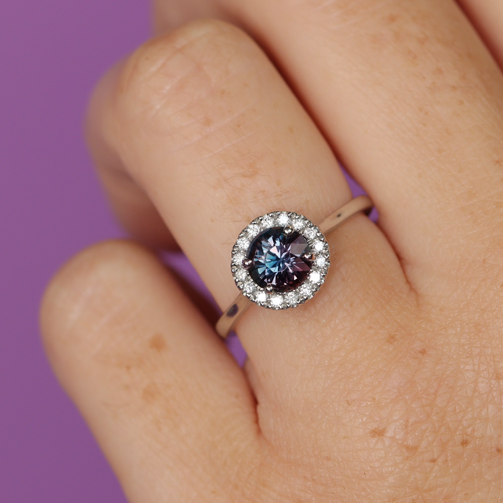 April - Round Colour-Change Sapphire Halo Engagement Ring - Ready-to-Wear