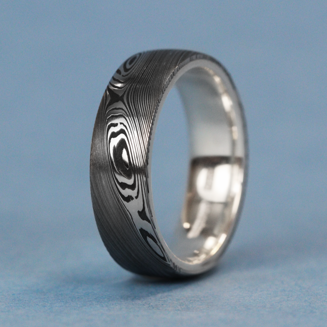 Damascus & Silver Wrap Woodgrain Made-to-Order Wedding Ring - The Whirlow Brook - Flinn & Steel Flinn & Steel Wedding Rings