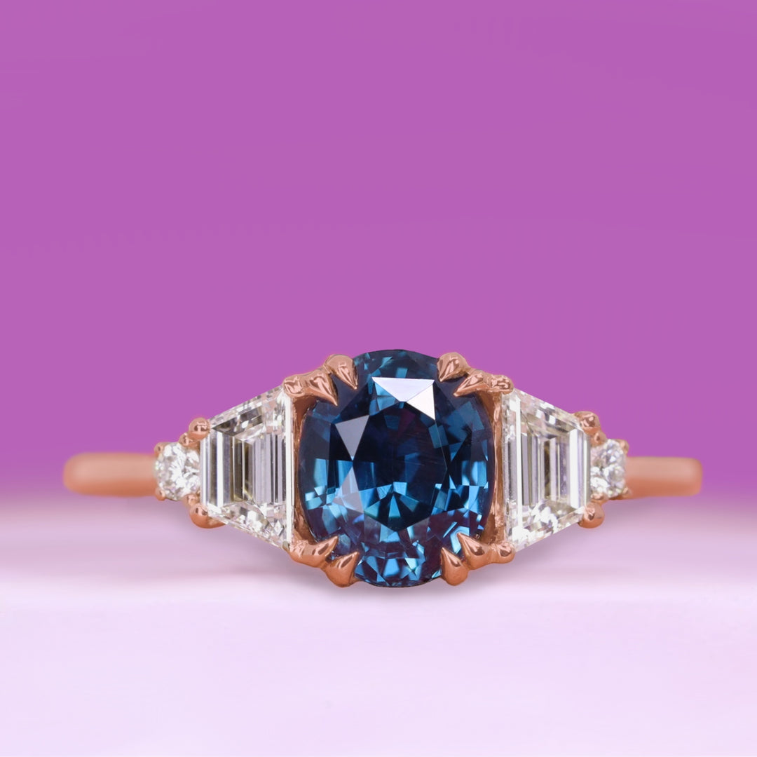 Portia - Oval Cut Blue Sapphire Ring and Diamond Trilogy Engagement Ring