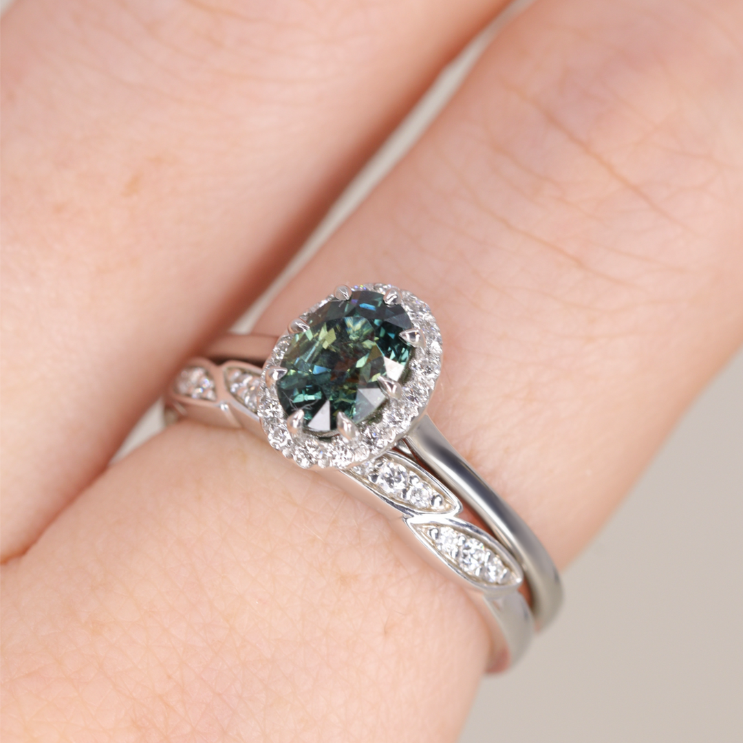 Charlotte - Oval Cut Teal Sapphire Hugging Halo Engagement Ring - Ready-to-Wear