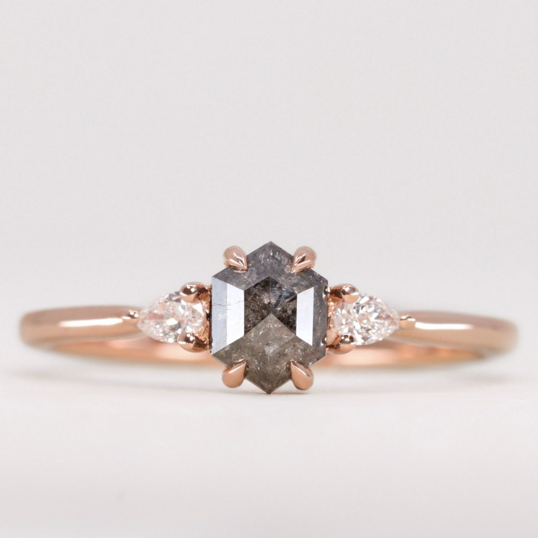 Elspeth - Hexagon Rose Cut Salt and Pepper Diamond Trilogy Engagement Ring - Ready-to-Wear Engagement Rings - Ready-to-Ship