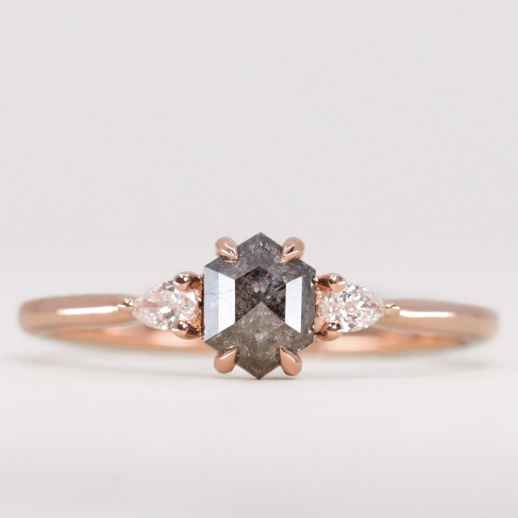 Elspeth - Hexagon Salt & Pepper Diamond Trilogy Engagement Ring - Ready-to-Wear Engagement Rings - Ready-to-Ship