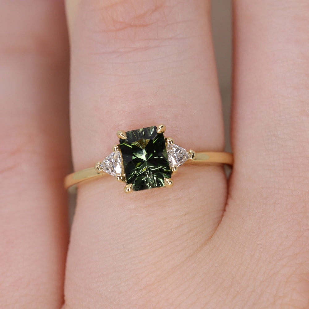Delphine - Optix Emerald Cut Green Tourmaline Trilogy Engagement Ring - Ready-to-Wear Engagement Rings - Ready-to-Ship