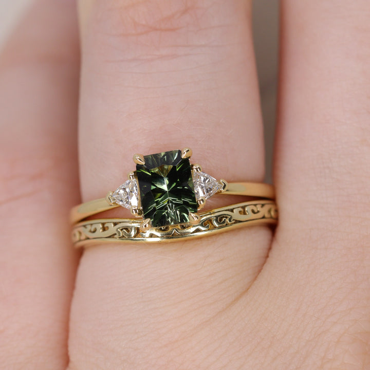 Delphine - Optix Emerald Cut Green Tourmaline Trilogy Engagement Ring - Ready-to-Wear Engagement Rings - Ready-to-Ship
