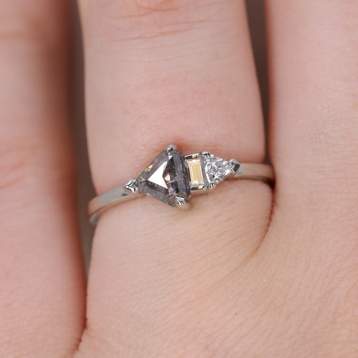 Roxanne - Shield Cut Salt and Pepper Diamond Asymmetrical Engagement Ring - Ready-to-Wear Engagement Rings - Ready-to-Ship