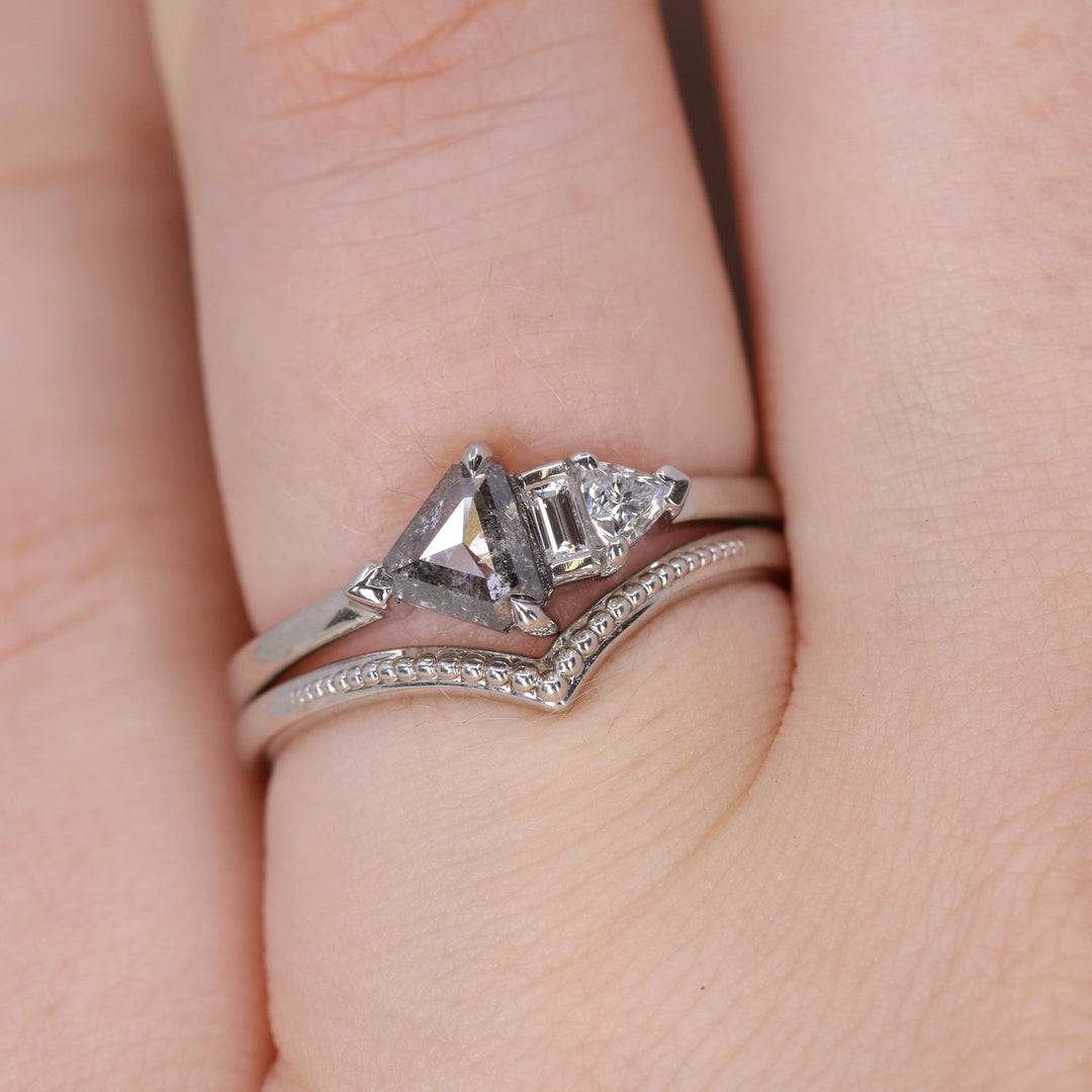 Roxanne - Shield Cut Salt and Pepper Diamond Asymmetrical Engagement Ring - Ready-to-Wear Engagement Rings - Ready-to-Ship