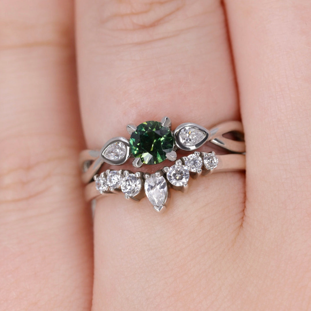 Evangeline - Round Brilliant Cut Teal Sapphire Trilogy Engagement Ring - Ready-to-Wear Engagement Rings - Ready-to-Ship