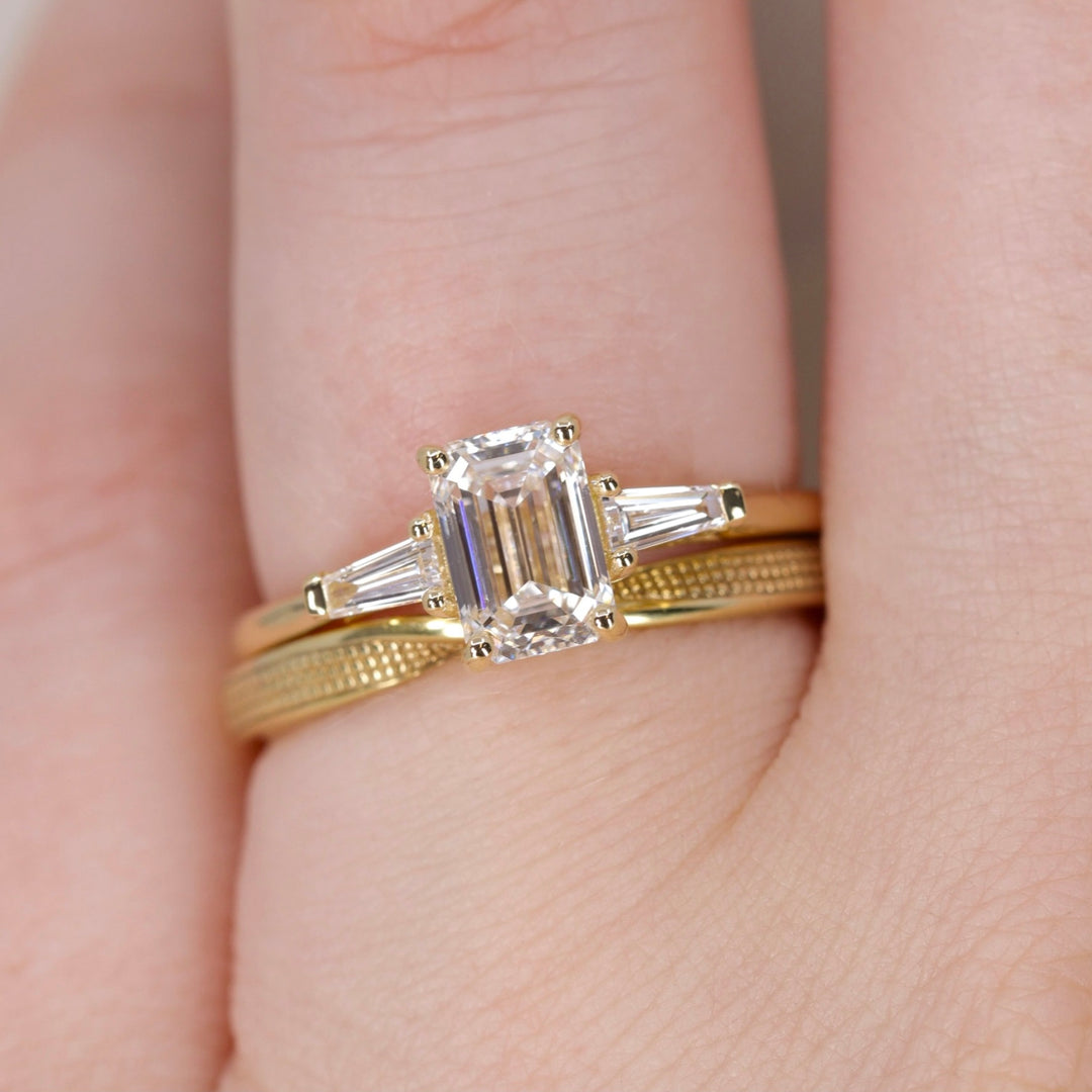Harper - Emerald Cut Lab Grown Diamond and Tapered Baguette Diamond Trilogy Engagement Ring - Ready-to-Wear Engagement Rings - Ready-to-Ship
