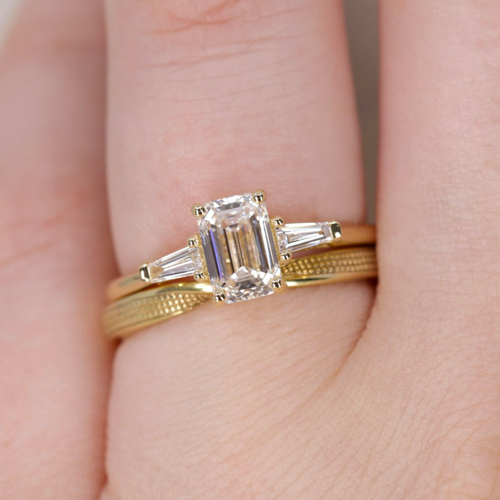 Harper - Emerald Cut Lab Grown Diamond and Tapered Baguette Diamond Trilogy Engagement Ring - Ready-to-Wear Engagement Rings - Ready-to-Ship